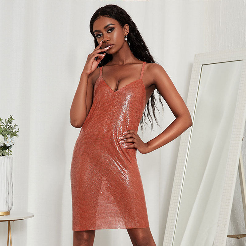 Chainmail V Neck Low Back Sleeveless Party Mini Dress - Brick Red Main image