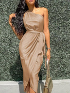 Satin One Shoulder Ruched Bodycon Dress