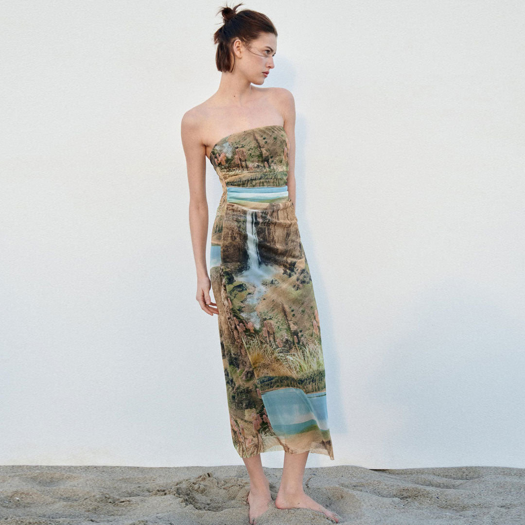 Painterly Printed Ruched Mesh Split Trim Strapless Midi Dress - Green Main image