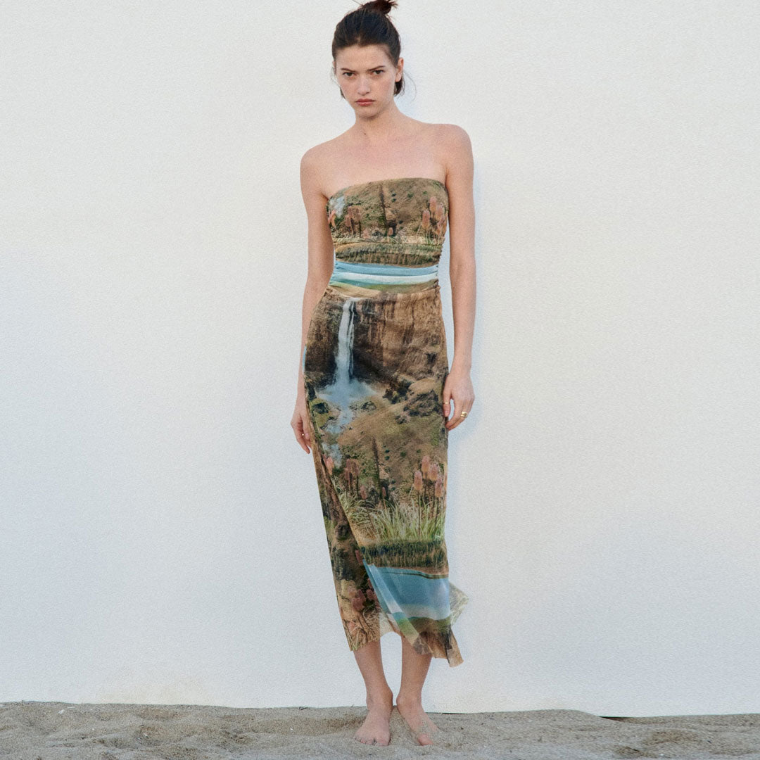 Painterly Printed Ruched Mesh Split Trim Strapless Midi Dress - Green Secondary image