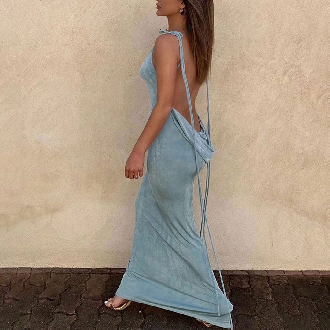 Pretty Cowl Neck Draped Backless Maxi Dress - Denim Blue Secondary image