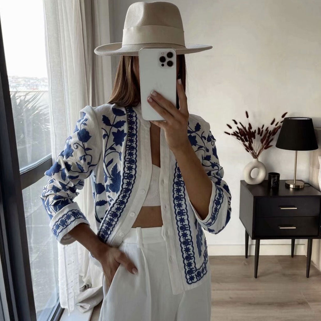 etro Floral Embroidered Long Sleeve Cotton-Blend Blouse - White Secondary image