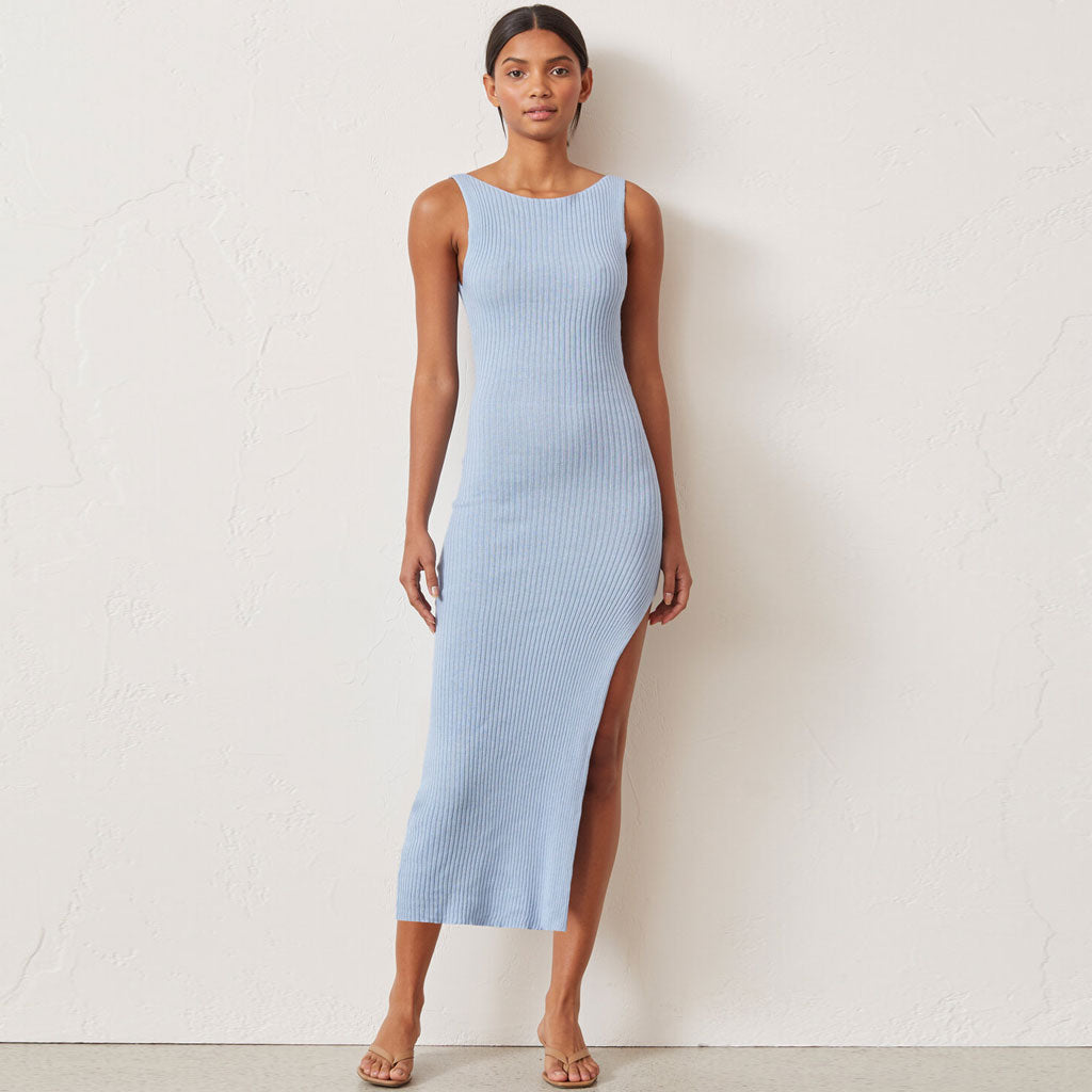 Reversible Ribbed Sleeveless Cut Out High Slit Midi Dress - Blue Secondary image