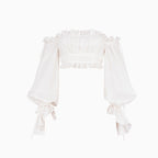 Ruffle Long Sleeve Ruched Off Shoulder Crop Top - White