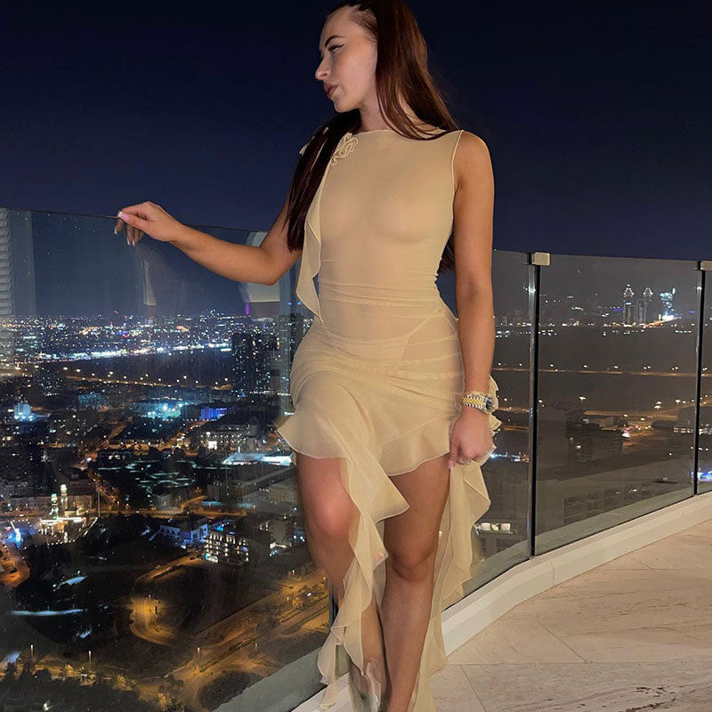 3D Flower Ruffle Trim Sleeveless Club Dress - Apricot Secondary image