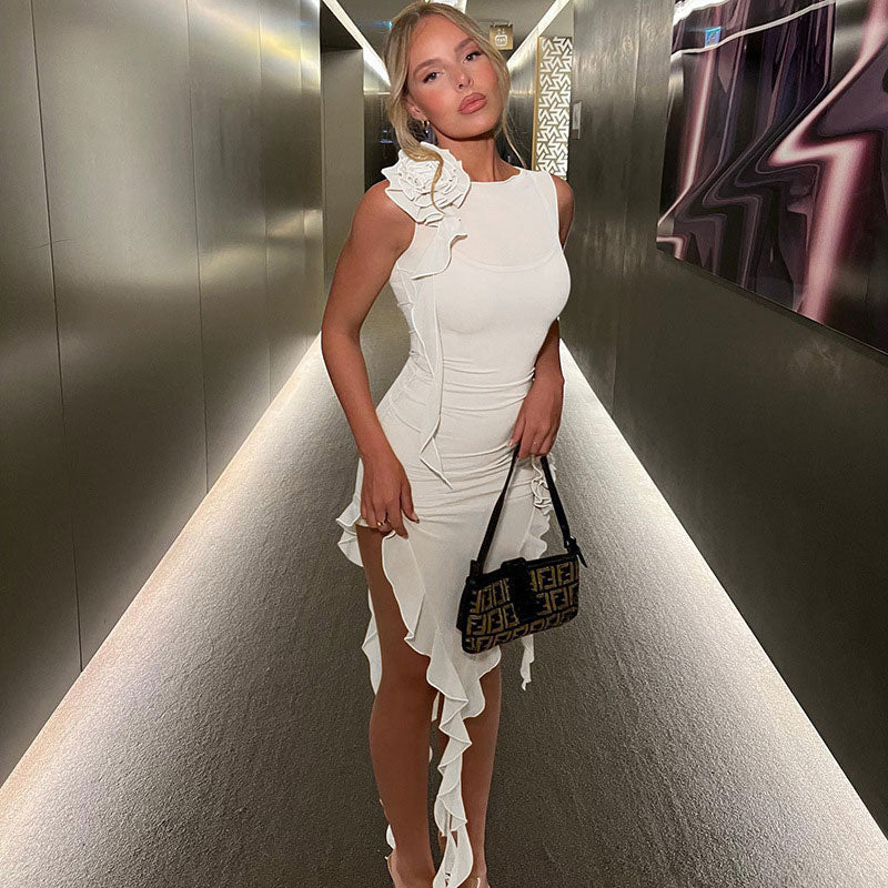 3D Flower Ruffle Trim Sleeveless Club Dress - White Main image