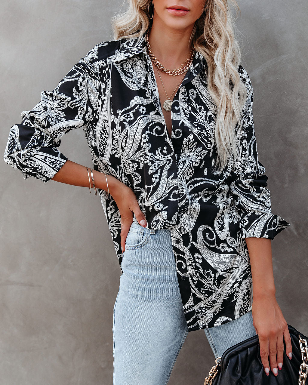 Silverton Satin Paisley Button Down Top - Black Main image