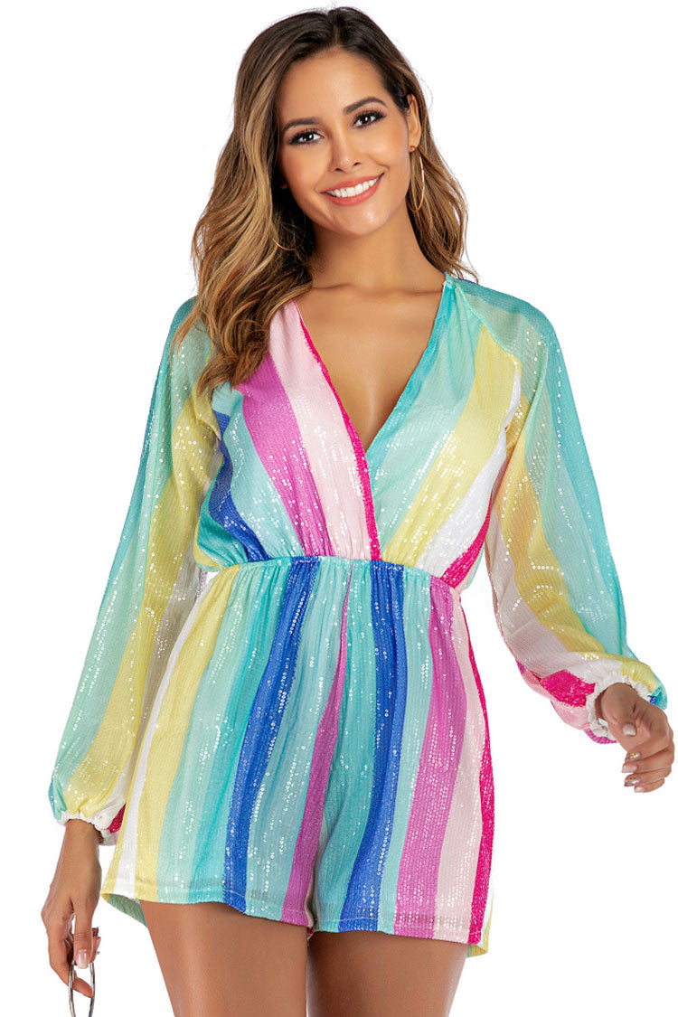 Sparkly Deep V Bishop Sleeve Rainbow Striped Sequin Romper Dress - Multicolor Secondary image