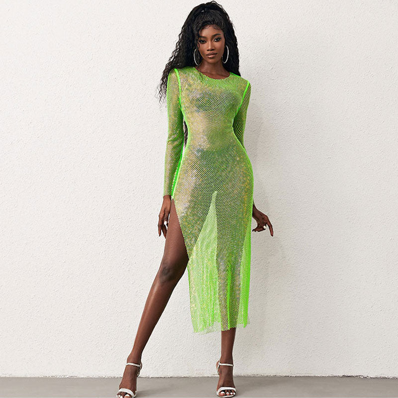 Fishnet Crystal Embellished Long Sleeve Maxi Dress - Neon Green Main image