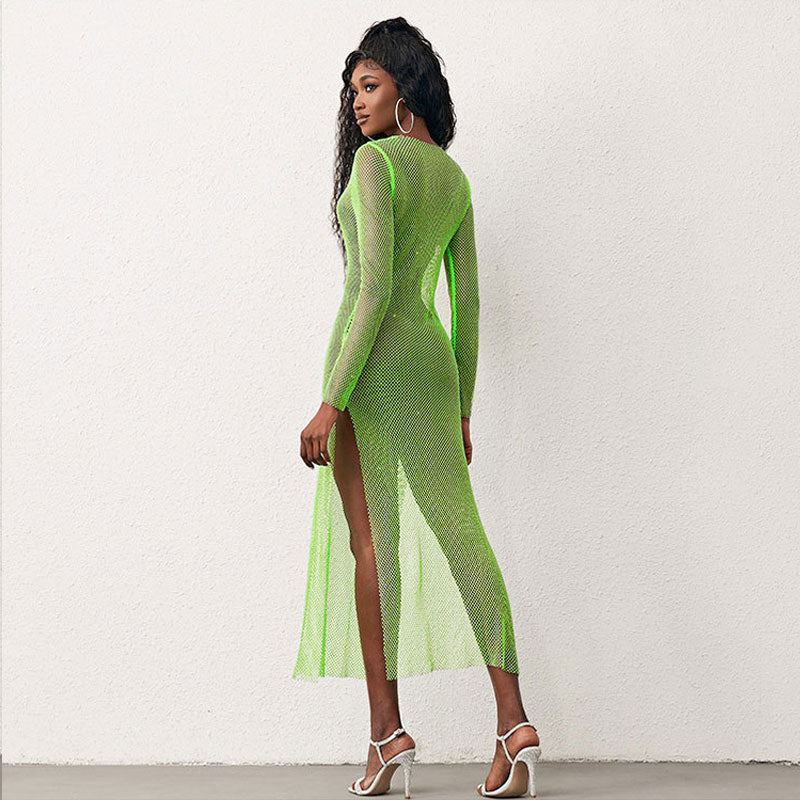 Fishnet Crystal Embellished Long Sleeve Maxi Dress - Neon Green Secondary image