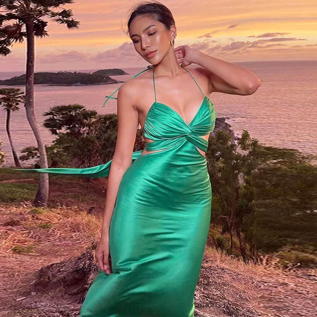 Tie Back Twist Front Cut Out Satin Slip Maxi Dress - Green Main image