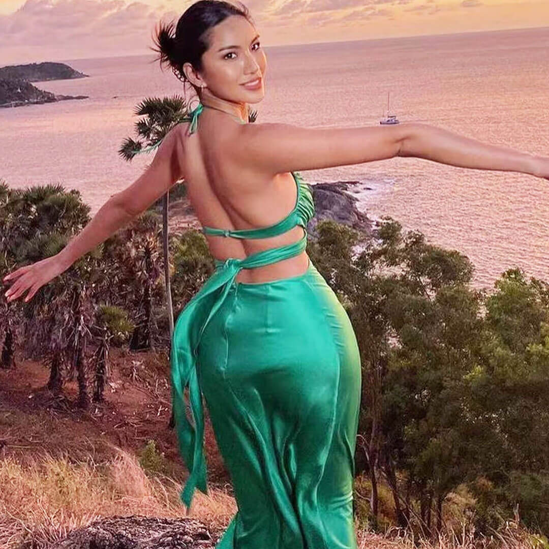 Tie Back Twist Front Cut Out Satin Slip Maxi Dress - Green Secondary image