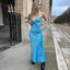 Tie Back Twist Front Cut Out Satin Slip Maxi Dress - Sky Blue