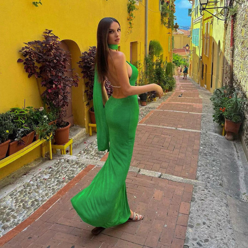 Draped Trim Low Back Sleeveless Split Formal Maxi Dress - Green Secondary image