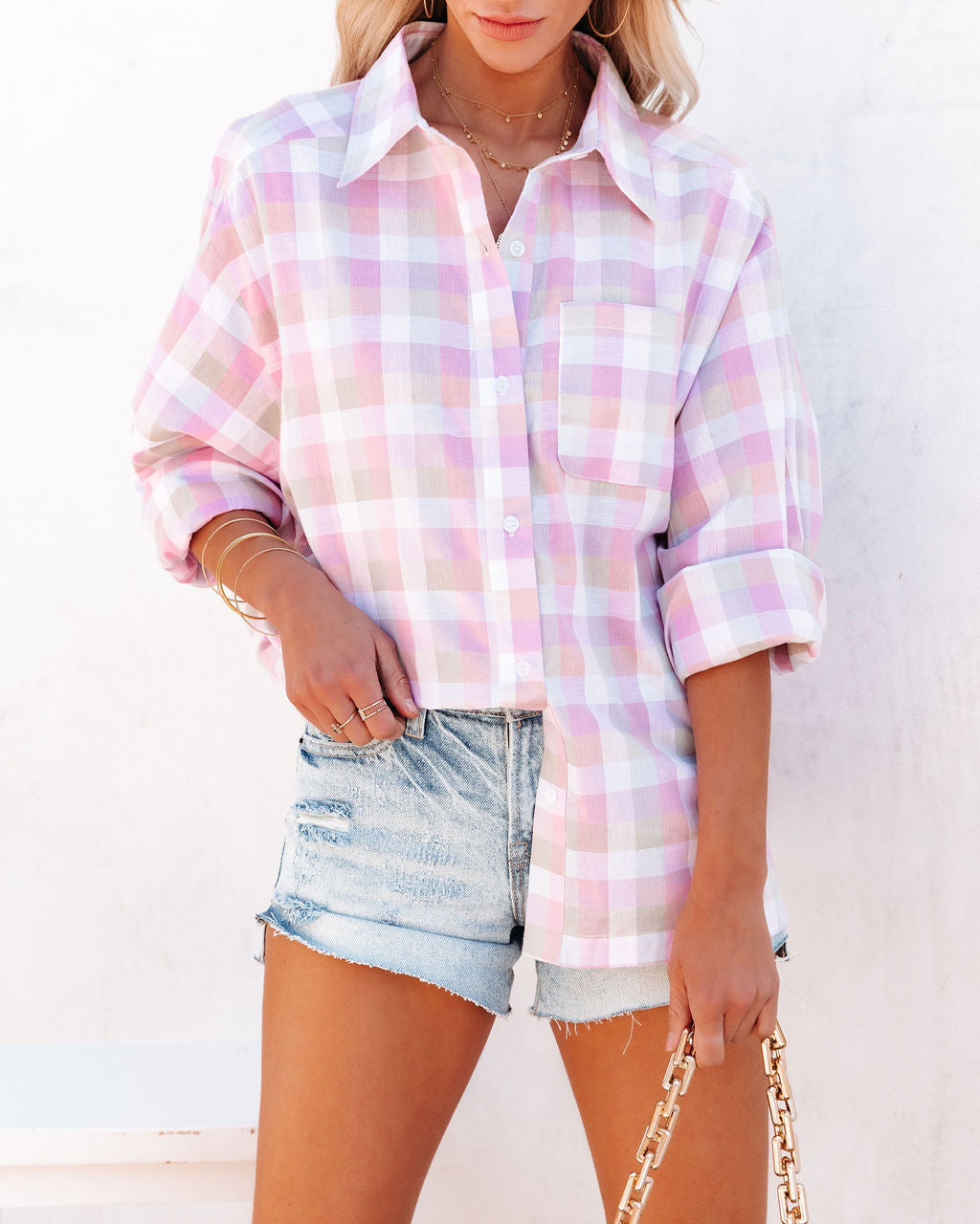 Styles Cotton Plaid Button Down Top - Lilac Multi Main image