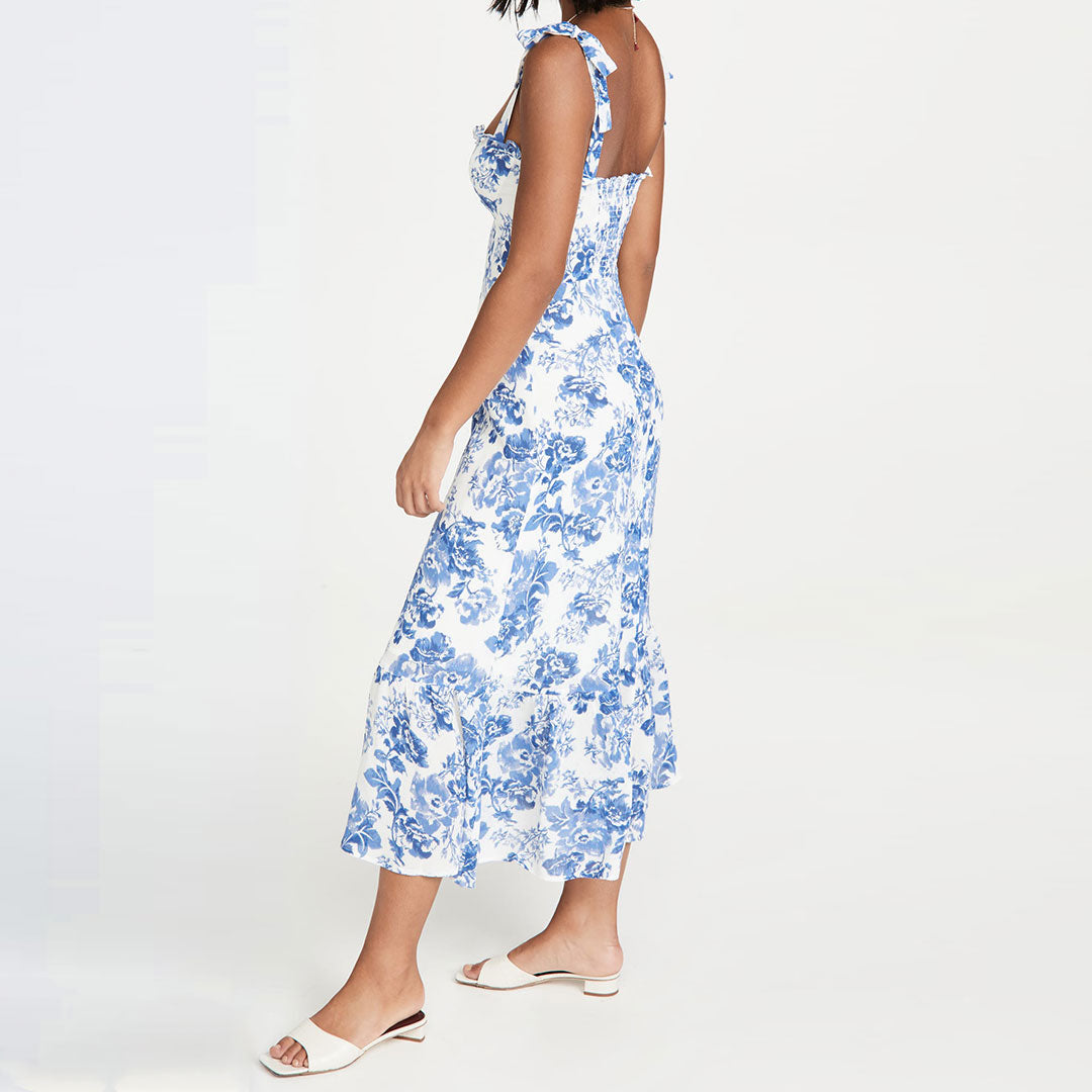 Summery Ruffle Trim Floral Printed Tie Strap Midi Sundress - Blue Secondary image
