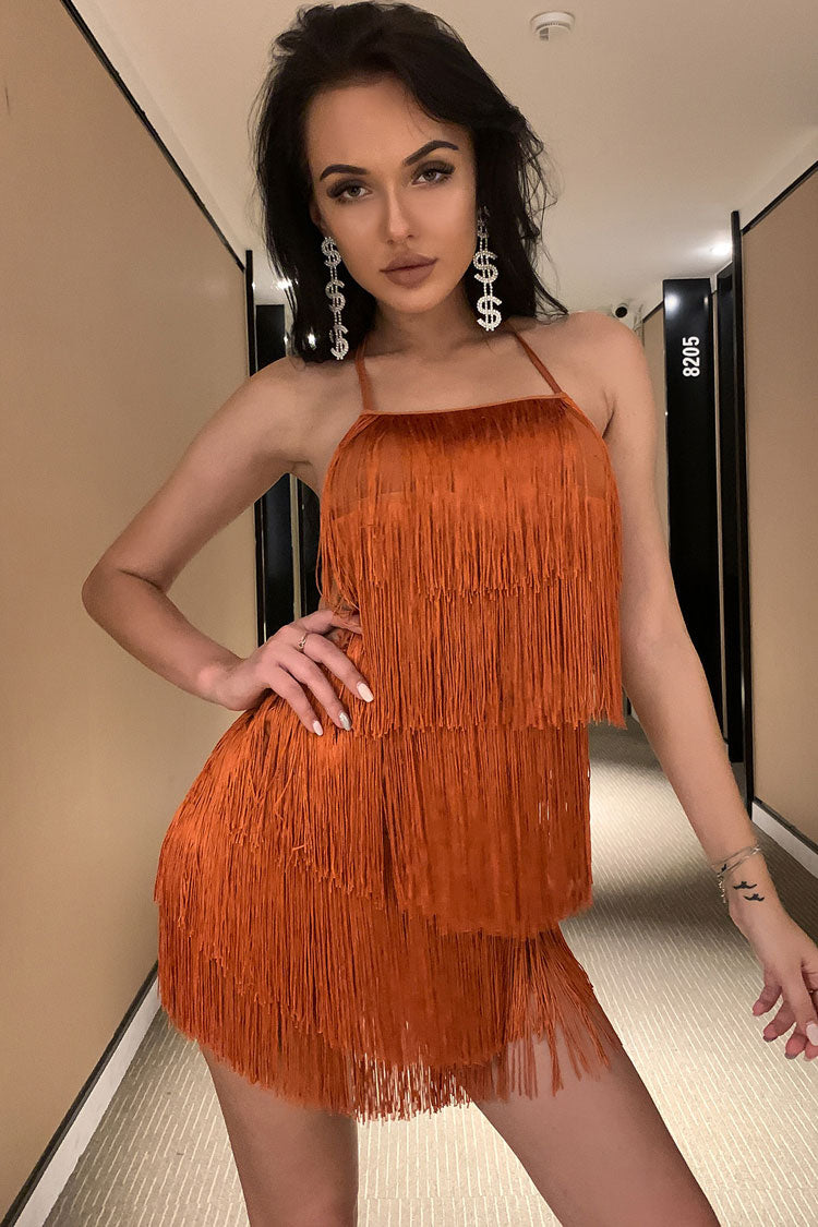 Swing Fringe Halter Neck Backless Flapper Mini Romper Dress -Brown Main image