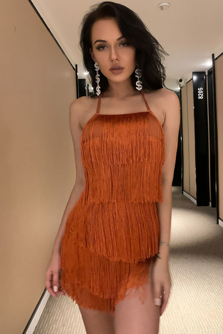 Swing Fringe Halter Neck Backless Flapper Mini Romper Dress -Brown Secondary image
