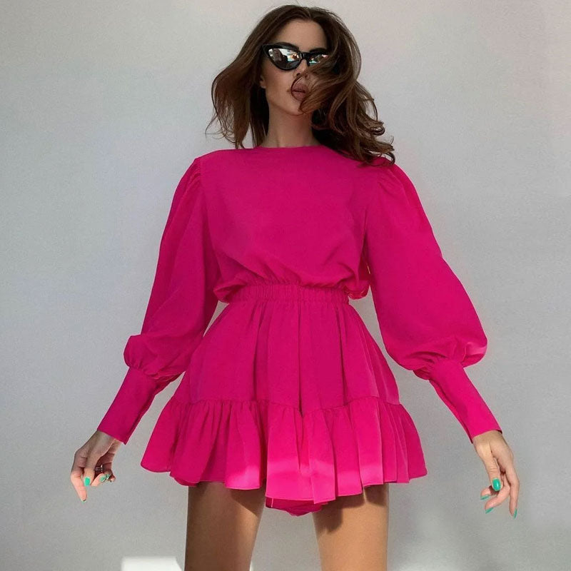 Puff Sleeve Gathered Waist Ruffle Smock Mini Dress - Hot Pink Main image