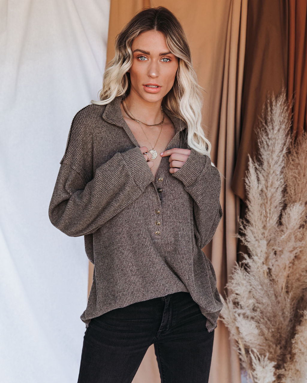 Trent Collared Button Down Knit Top - Olive Mocha Main image