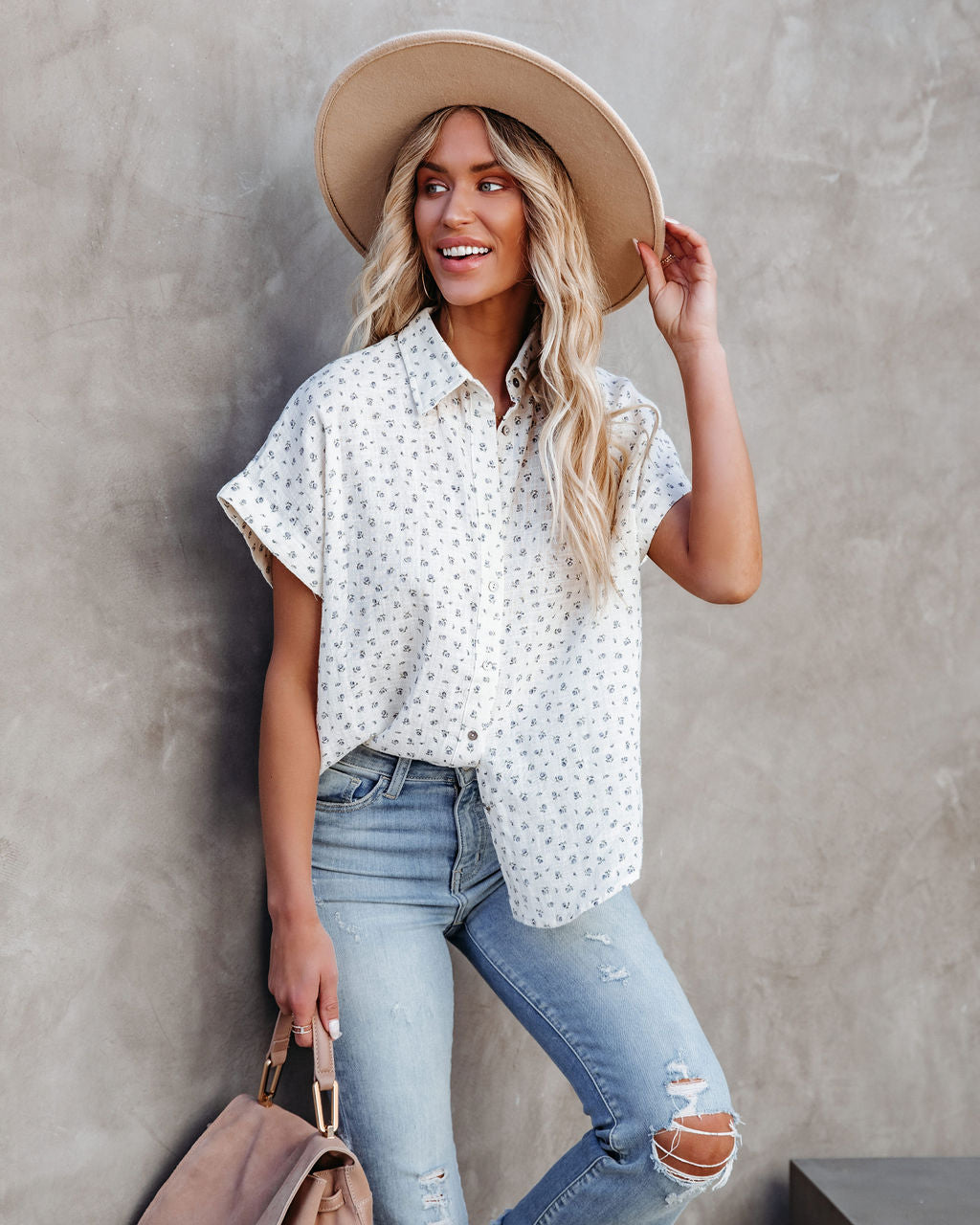 Tula Cotton Floral Button Down Top - Natural Main image