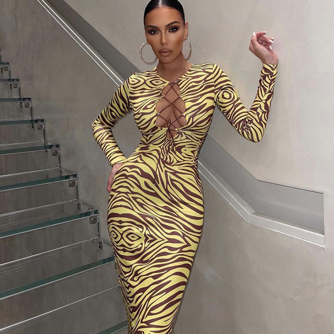 Unique Abstract Long Sleeve Tie Front Cut Out Midi Dress - Yellow Main image