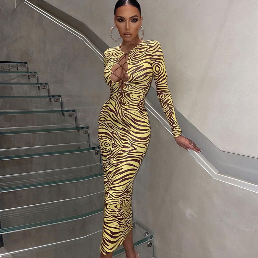 Unique Abstract Long Sleeve Tie Front Cut Out Midi Dress - Yellow Secondary image