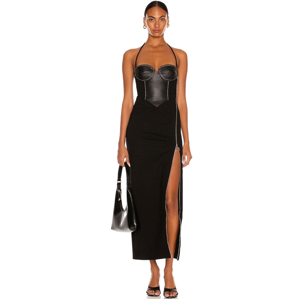 Unique Halter Zip Side Panel Leather Cocktail Midi Dress - Black Secondary image