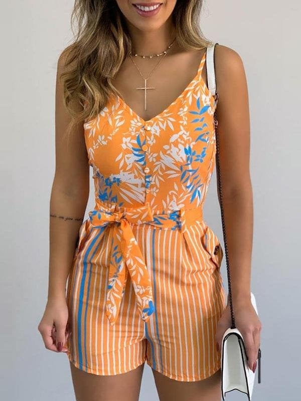 V-neck Leaf Print Tie Suspender Jumpsuit Main image