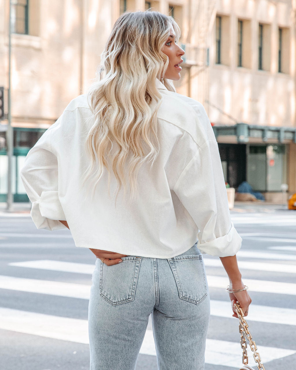 Viana Linen Blend Button Down Crop Top - Off White Secondary image