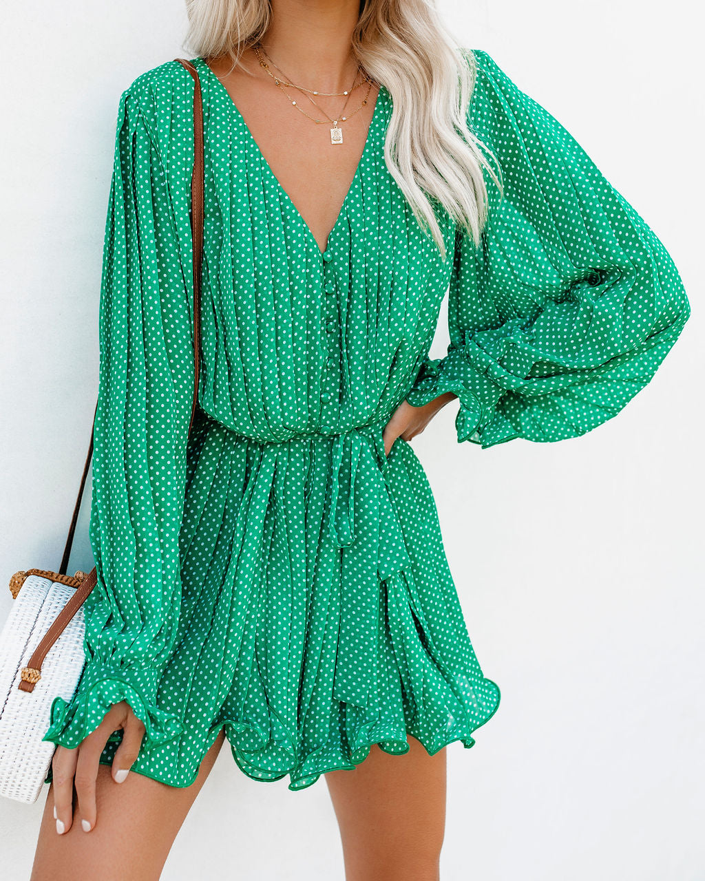 Viera Polka Dot Pleated Romper - Green Main image