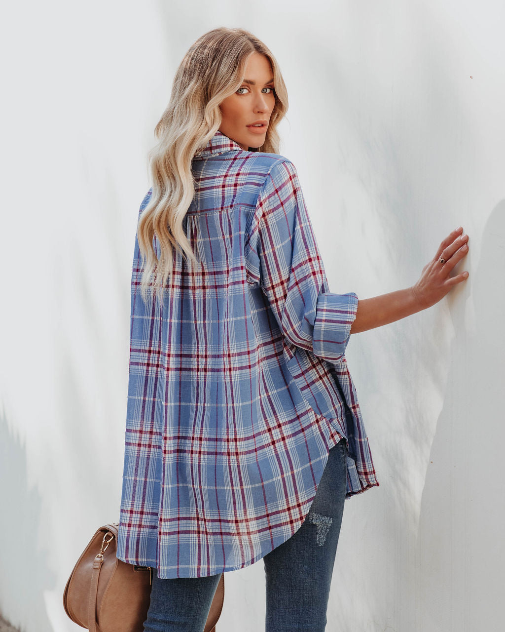 Vindy Cotton Blend Pocketed Plaid Henley Top - Blue Secondary image