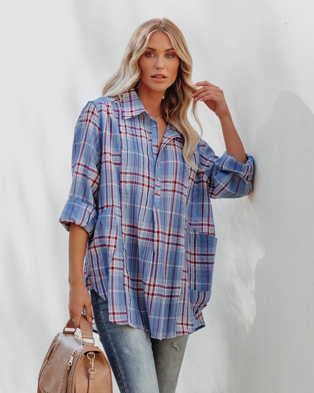 Vindy Cotton Blend Pocketed Plaid Henley Top - Blue