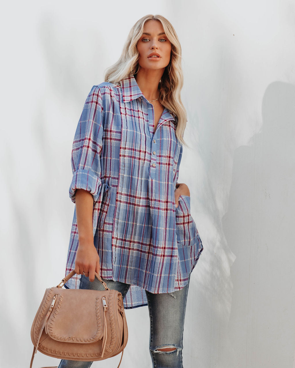 Vindy Cotton Blend Pocketed Plaid Henley Top - Blue Main image