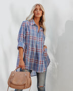 Vindy Cotton Blend Pocketed Plaid Henley Top - Blue