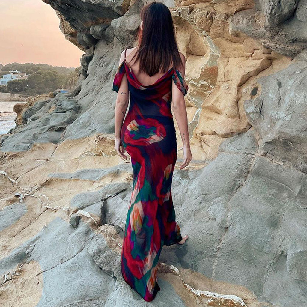 Vintage Print Cowl Neck Cold Shoulder Vacation Maxi Dress - Red Secondary image