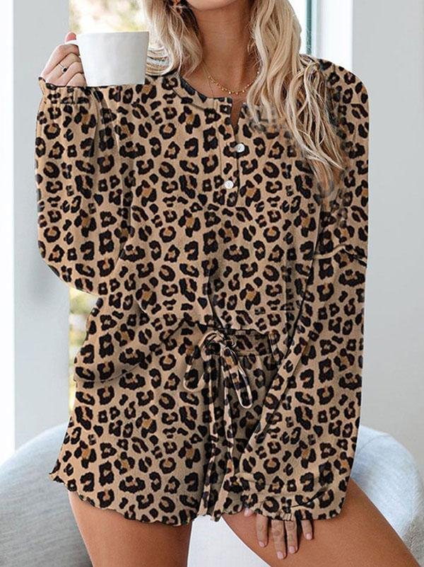 Women Night Wear Leopard Print Long Sleeve Top & Shorts Set Main image