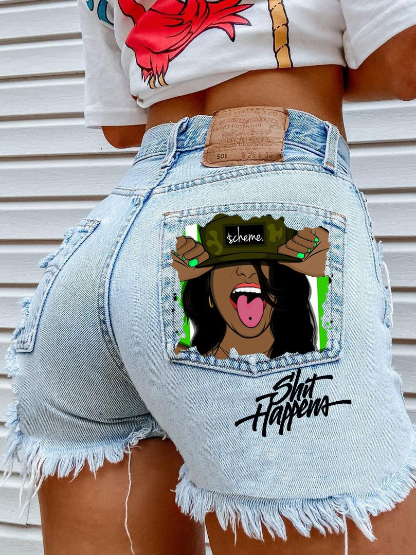 Denim Head Print Ripped Fringed Denim Shorts Secondary image