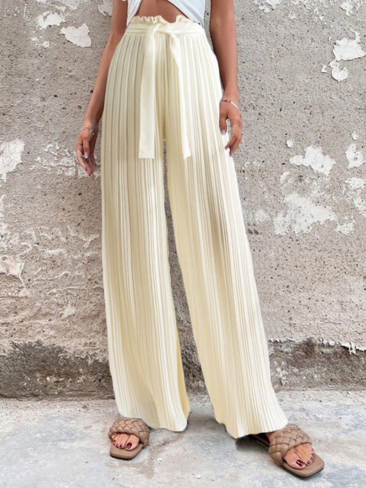 Pants Pleated Tie High Waist Straight Wide Leg Pants