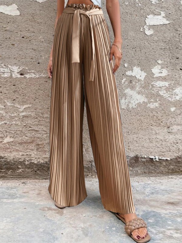 Pants Pleated Tie High Waist Straight Wide Leg Pants