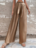 Pants Pleated Tie High Waist Straight Wide Leg Pants