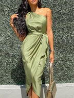 Satin One Shoulder Ruched Bodycon Dress